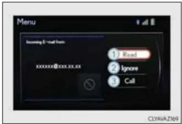 Menu Incoming E-mail Icon xxxxxx@xxx.xx.xx ① Read ② Ignore ③ Call CLYAVAZ169