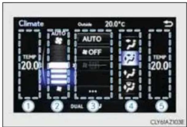 Climate TEMP 20.0°C Outside 20.0°C AUTO OFF AUTO OUT 1 2 DUAL 3 U 4 5 TEMP 20.0°C CLY6IAZ103E