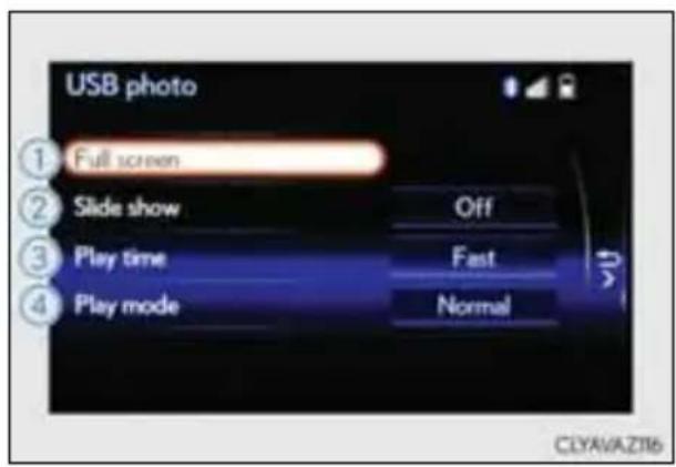 USB photo ① Full screen ② Slide show Off ③ Play time Fast ④ Play mode Normal CLYAVA.ZT16