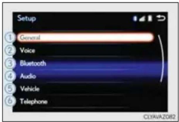 Setup ① General ② Voice ③ Bluetooth ④ Audio ⑤ Vehicle ⑥ Telephone CLYAVA2082