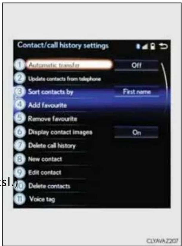 LEXUS IS 300h (2013) - Ekrāns "Contact/call history settings" (Kontaktu/zvanu vēstu-res iestatījumi) - 1
