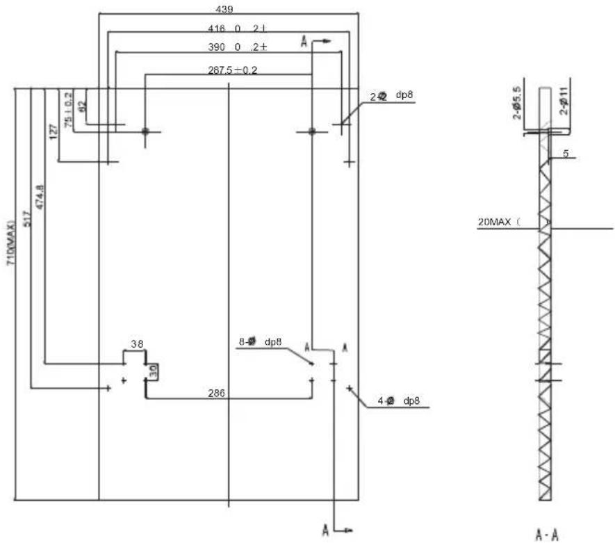 439 416 0 2+ 390 0 .2+ 287.5±0.2 2 φ8 dp8 710MAX) 517 474.8 127 75±0.2 d2 38 30 8 φ dp8 A A 20MAX ( 4 φ dp8 A-A