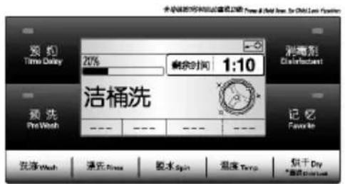 预约 Time Delay 20% 剩余时间 1:10 消毒剂 CleanWater 洁桶洗 预洗 PreWatch - - - - - - - 记忆 Favorite 洗涤 Wash 浸渍 Rinse 脱水 Spin 温度 Temp 烘干 Day * 清洁饮水站