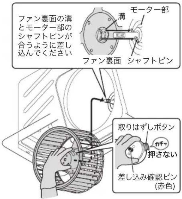 ファン裏面の溝 とモーター部の シャフトピンが 合うように差し 込んでください 溝 モーター部 ファン裏面 シャフトピン 取りはずしボタン カチッ 押さない 差し込み確認ピン (赤色)