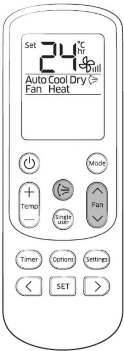 Set 24°C hr Auto Cool Dry ≈ Fan Heat Mode + Temp - Single user Fan Timer Options Settings < SET >