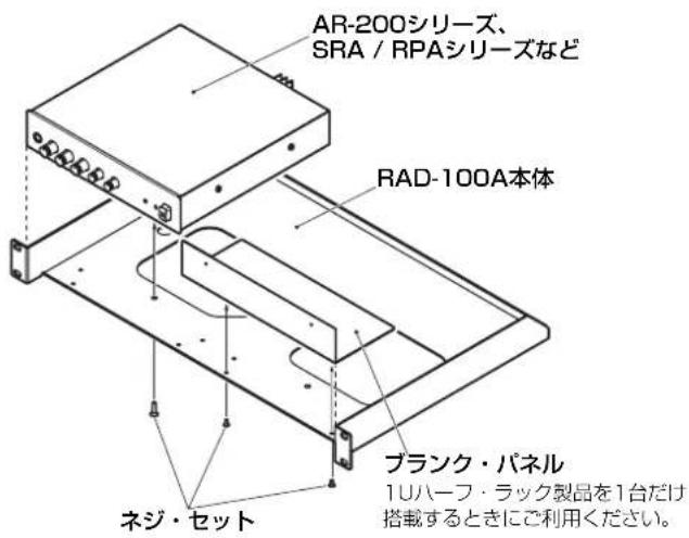 AR-200シリーズ、 SRA / RPAシリーズなど RAD-100A本体 ブランク・パネル 1Uハーフ・ラック製品を1台だけ 搭載するときにご利用ください。