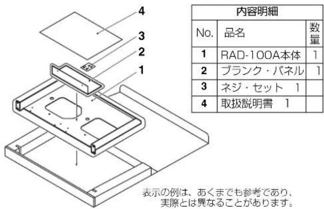 内容明細 No. 品名 数量 1 RAD-100A本体 1 2 ブランク・パネル 1 3 ネジ・セット 1 4 取扱説明書 1 表示の例は、あくまでも参考であり、 実際とは異なることがあります。