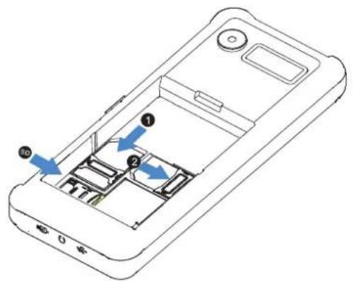 Technical diagram of a mobile phone casing with labeled internal compartments and directional arrows indicating movement or flow.