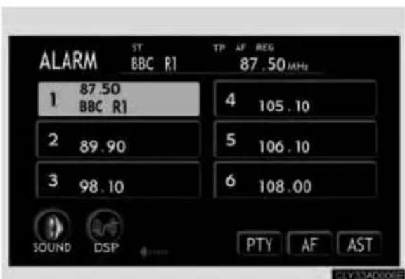 ALARM ST BBC R1 TP AF REG 87.50 MHz 1 87.50 BBC R1 4 105.10 2 89.90 5 106.10 3 98.10 6 108.00 SOUND DSP PTY AF AST PCTY STANDER