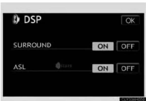 DSP SURROUND ON OFF ASL ON OFF
