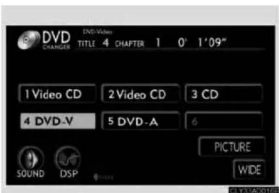 DVD CHANGER DVD-Video TITLE 4 CHAPTER 1 0° 1'09" 1 Video CD 2 Video CD 3 CD 4 DVD-V 5 DVD-A 6 SOUND DSP PICTURE WIDE