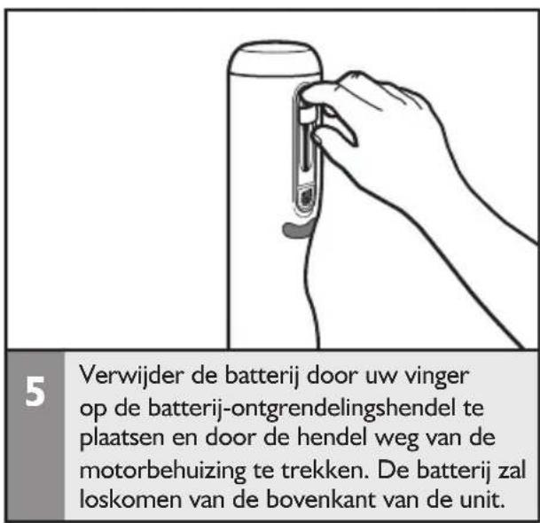 5 Verwijder de batterij door uw vinger op de batterij-ontgrendelingshendel te plaatsen en door de hendel weg van de motorbehuizing te trekken. De batterij zal loskomen van de bovenkant van de unit.