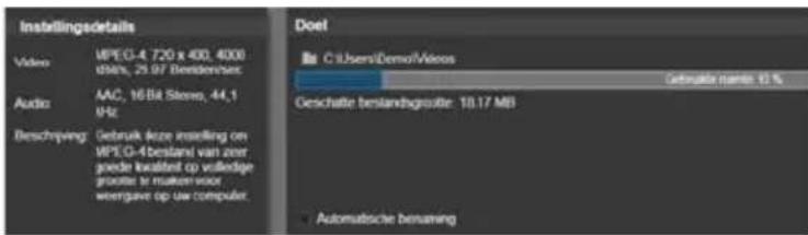 Instellingdetails Video: MPEG-4 720 x 400, 4000 dalen, 25.97 Bessdivers: Audio: AAC, 16 Bit Stereo, 44,1 kHz: Beschrijving: Gebruik deze instelling on MPEG-4 bestand van zeer goede kwalsted op vulkedge gruette in matuum voor wergave op uw computer. Doel C:\Users/Demo\Videos Getruide naite: 10 % Geschäte bestandgruite: 10.17 MB Automatische benaming