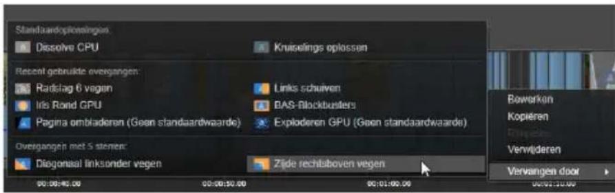 Standardsoplossen Dissolve CPU Krussings oplossen Recent gebruikte overgangen: Radslag 6 vagen Iris Rond GPU Pagina ombiaderen (Geen standaardwaarde) Links schuiven BAS-Blockbusters Exploderen GPU (Geen standaardwaarde) Overgangen met 5 stemen: Diagonalal linksonder vegen Zide rechtsboven vegen 00:00:00.00 00:00:30.00 00:01:00.00 Baworken Kopieren Verwideren Vervangen door