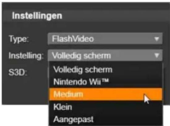 Instellingen Type: FlashVideo Instelling: Volledig scherm S3D: Volledig scherm Nintendo Wii™ Medium Klein Aangepast