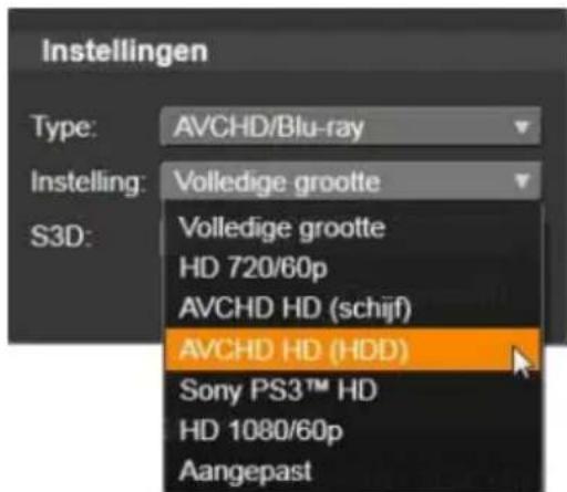 Instellingen Type: AVCHD/Blu-ray Instelling: Volledige grootte S3D: Volledige grootte HD 720/60p AVCHD HD (schijf) AVCHD HD (HDD) Sony PS3™ HD HD 1080/60p Aangepast
