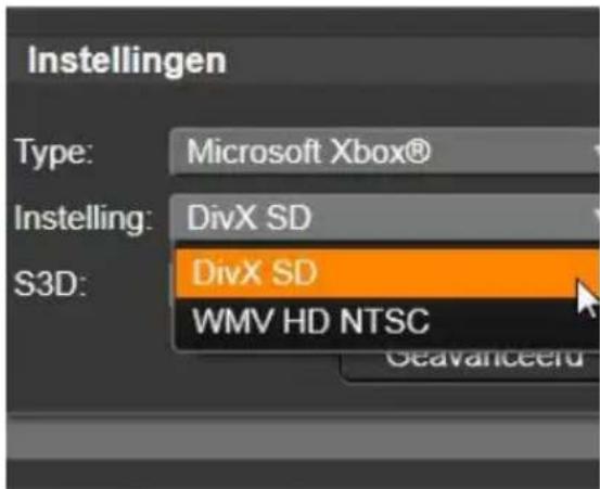 Instellingen Type: Microsoft Xbox® Instelling: DivX SD S3D: DivX SD WMV HD NTSC Geavanceeru