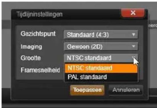 Tijdlijninstellingen Gezichtspunt Standaard (4:3) Imaging Gewoon (2D) Grootte NTSC standaard Framesnelheid NTSC standaard PAL standaard Toepassen Annuleren