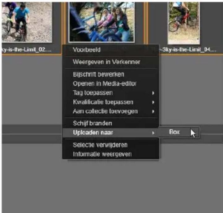 Voorbeeld Weergeven in Verkenner Bijsschrift bewerken Openen in Media-editor Tag toepassen Kwalificatie toepassen Aan collectie toevoegen Schijf branden Uploaden naar Box Selectie verwijderen Informatie weergeven
