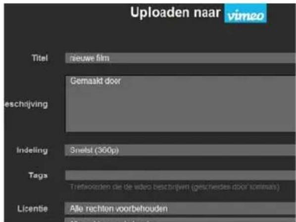 Uploaden naar vimeo Titel nieuwe film Gemaakt door eschrijving Indeling Snetsl (360p) Tags Trefloorden de de video beschrijven (geschieden door somnals) Licentie Alle rechten voorbehouden
