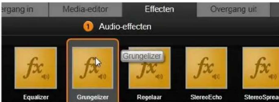 ergang in Media-editor Effecten Overgang uit Audio-effecten fx fx Grungelizer fx Equalizer Grungelizer Regelaar StereoEcho StereoSpread