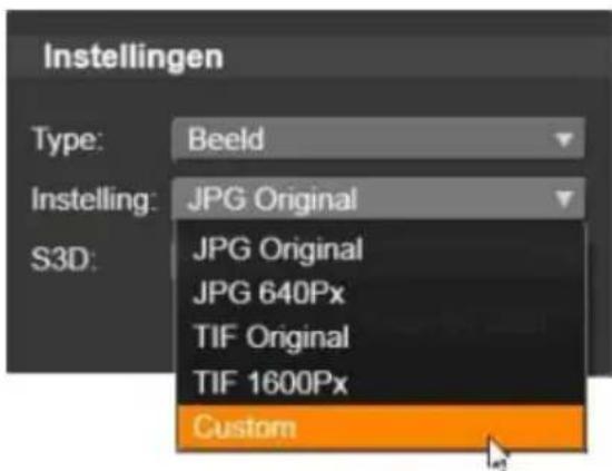 Instellingen Type: Beeld Instelling: JPG Original S3D: JPG Original JPG 640Px TIF Original TIF 1600Px Custom