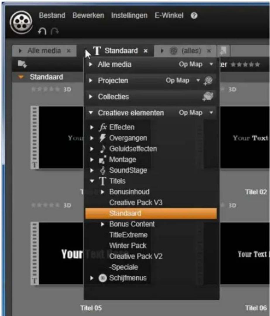 Bestand Bewerken Instellingen E-Winkel Alle media × T Standaard × Alle media Op Map Projecten Op Map Collecties Creatieve elementen Op Map fx Effecten Overgangen Geluidseffecten Montage SoundStage Titels Bonusinhoud Creative Pack V3 Standaard Bonus Content TitleExtreme Winter Pack Creative Pack V2 -…