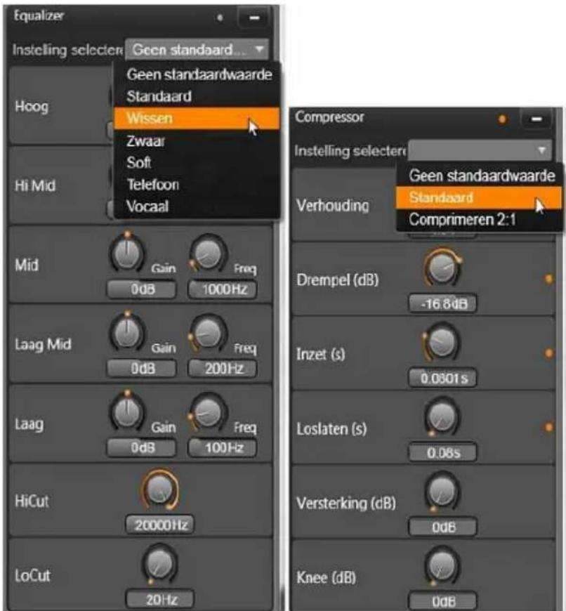 Equalizer Instelling selecten Geen standaard... Hoog Geen standaardwaarde Standaard Wissen Zwaar Soft Telefoon Vocaal Hi Mid Mid Gain Freq 0dB 1000Hz Laag Mid Gain Freq 0dB 200Hz Laag Gain Freq 0dB 100Hz HiCut 20000Hz LoCut 20Hz Compressor Instelling selecten Geen standaardwaarde Standard Comprimere…
