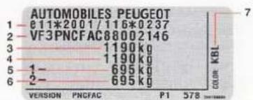 AUTOMOBILES PEUGEOT 1 - 811*2001/116*0237 2 - VF3PNC FAC88002146 3 - 1190 kg 4 - 1190 kg 5 - 695 kg 6 - 695 kg VERSION PNC FAC P1 578 COLOR KBL
