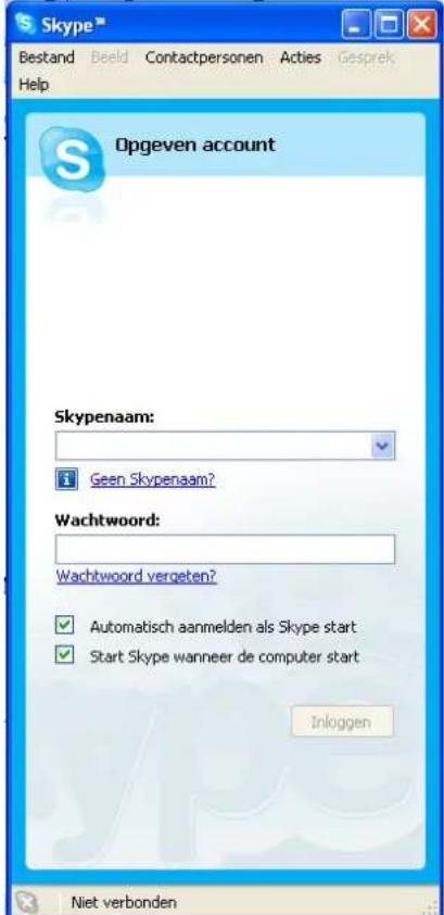 Skype™ Bestand Beeld Contactpersonen Acties Gesprek Help Opgeven account Skypenaam: Geen Skypenaam? Wachtwoord: Wachtwoord vergeten? Automatisch aanmelden als Skype start Start Skype wanneer de computer start Inloggen Niet verbonden