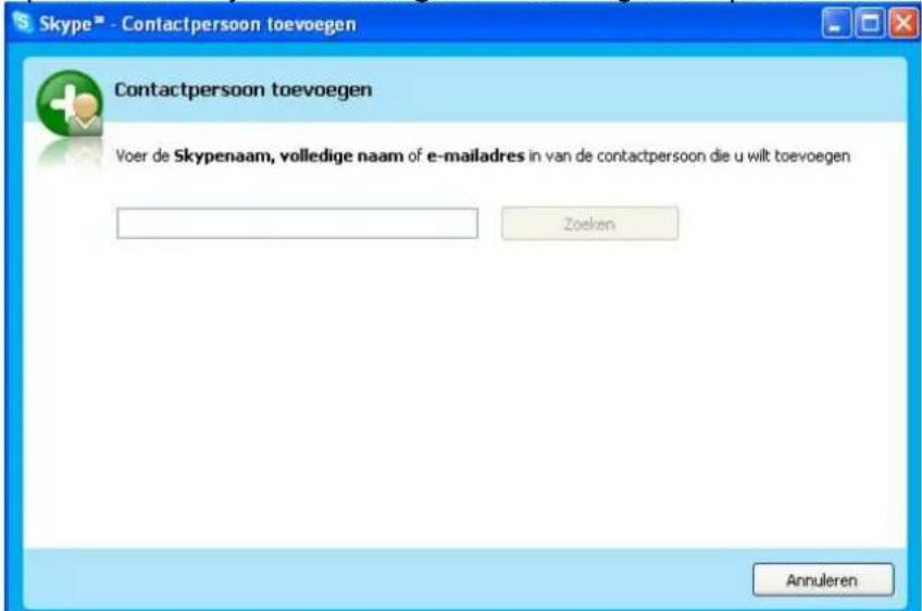 Skype™ - Contactpersoon toevoegen Contactpersoon toevoegen Voer de Skypenaam, volledige naam of e-mailadres in van de contactpersoon die u wilt toevoegen Zoeken Annuleren