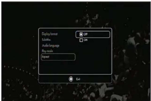 Display format Subtitles Audio language Play mode Repeat Off ON Exit