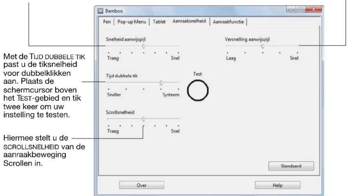 Bamboo Pen | Pop-up Menu | Tablet | Aanraaksnelheid | Aanraakfunctie | Snelheid aanwijspijl Traag Snel Versnelling aanwijspijl Laag Snel Tijd dubbele tik Sneller Systeem Test Scrollsnelheid Traag Snel Hiermee stelt u de SCROLLSNELHEID van de aanraakbeweging Scrollen in. Over Help Met de TIJD DUBBELE TIK past u de tiksnelheid voor dubbelklikken aan. Plaats de schermcursor boven het TEST-gebied en tik twee keer om uw instelling te testen. Standaard