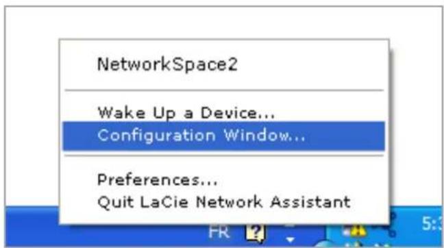 NetworkSpace2 Wake Up a Device... Configuration Window... Preferences... Quit LaCie Network Assistant