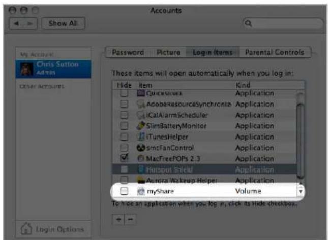 Accounts Password Picture Login Items Parental Controls My Account Chris Sutton Admin Other Accounts These items will open automatically when you log in: Hide Item Kind Quicksilver Application AdobeResourceSynchroniz Application iCalAlarmScheduler Application SlimBatteryMonitor Application iTunesHel…