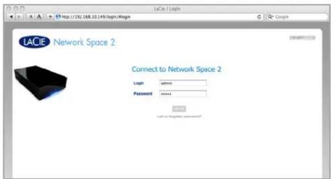 LACIE | Login http://191.168.16149/login/#login LACIE Network Space 2 Connect to Network Space 2 Login admin Password ****** Login or together password?
