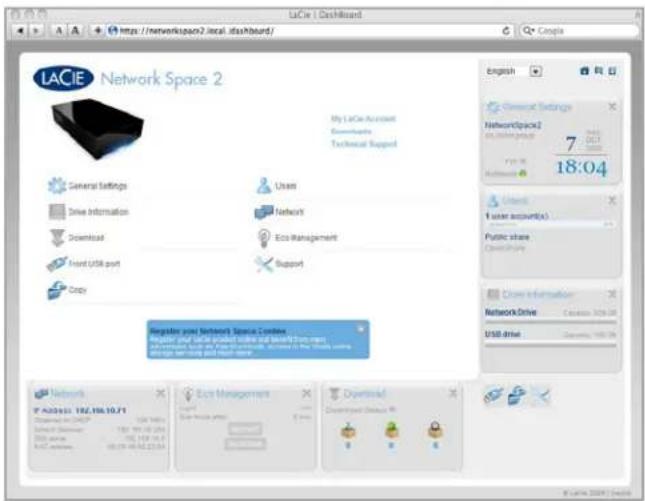 LACIE | Dashboard http://networkspace2.local dashesbund/ Google Network Space 2 My LACIE Account Downloads Technical Support General Settings Drive Information Download Inert USB port Copy Users NetworkS Eco Management Support Register your Network Space Condes Register your LACIE Account with the n…