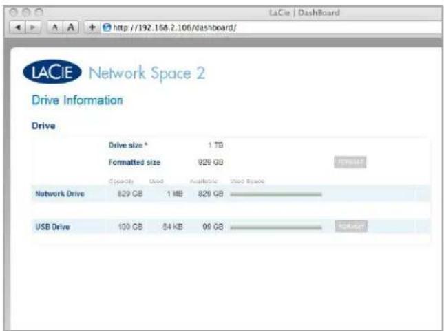 LACIE Network Space 2 Drive Information Drive Drive size * 1 TB Formatted size 929 GB Capacity Used Available Used Space Network Drive 829 GB 1 MB 829 GB USB Drive 100 GB 64 KB 99 GB