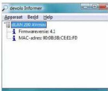 devolo Informer Apparaat Beeld Help dLAN 200 AYmini Firmwareversie: 4.1 MAC-adres: 00:0B3B:CE:E1:FD
