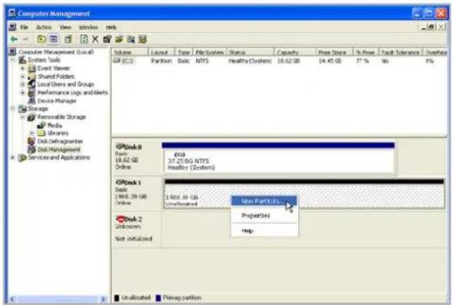 Computer Management File Action View Window Help Volume Layout Type File System Status Capacity Free Space % Free Fault Tolerance Overhead (03) Partition Basic NTFS Healthy (System) 18.62 GB 14.45 GB 77% No F/X Disk 0 Fram: 18.62 GB Online Disk 1 Basic 1968.39 GB Online Disk 2 Unknown Not initialize…