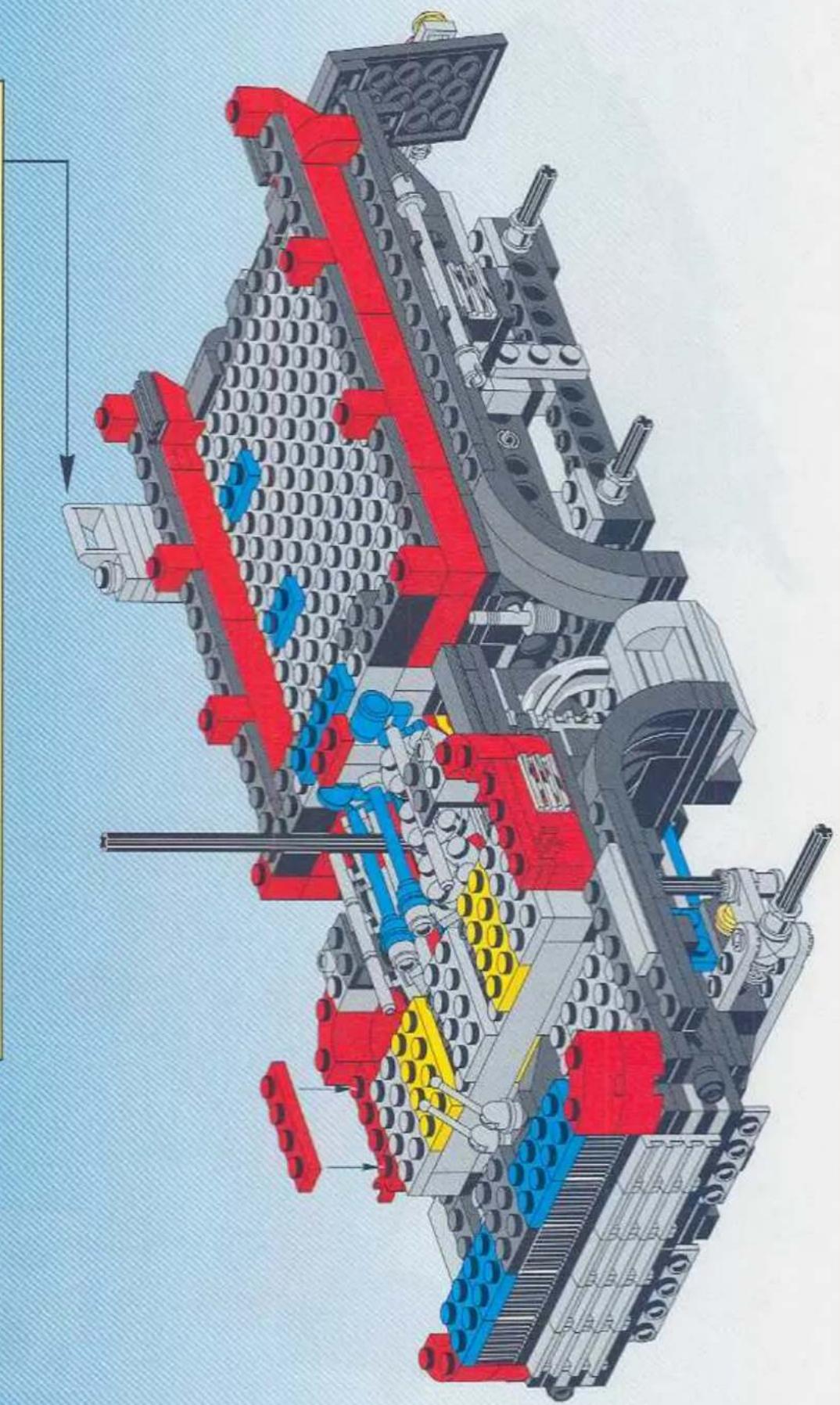 Technical illustration of a LEGO mechanical assembly with red and blue components (no text or symbols)
