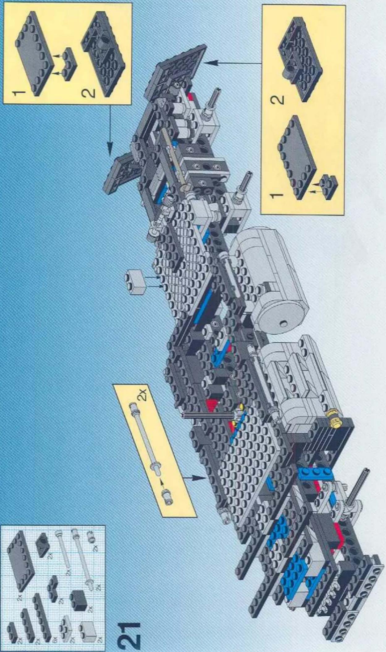 Lego assembly diagram with numbered components and exploded view, showing structural assembly and component layout