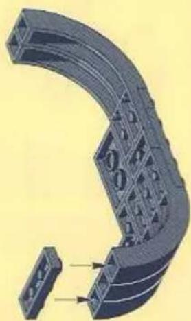 3D rendering of a curved mechanical component with internal components and directional arrows (no text or symbols)
