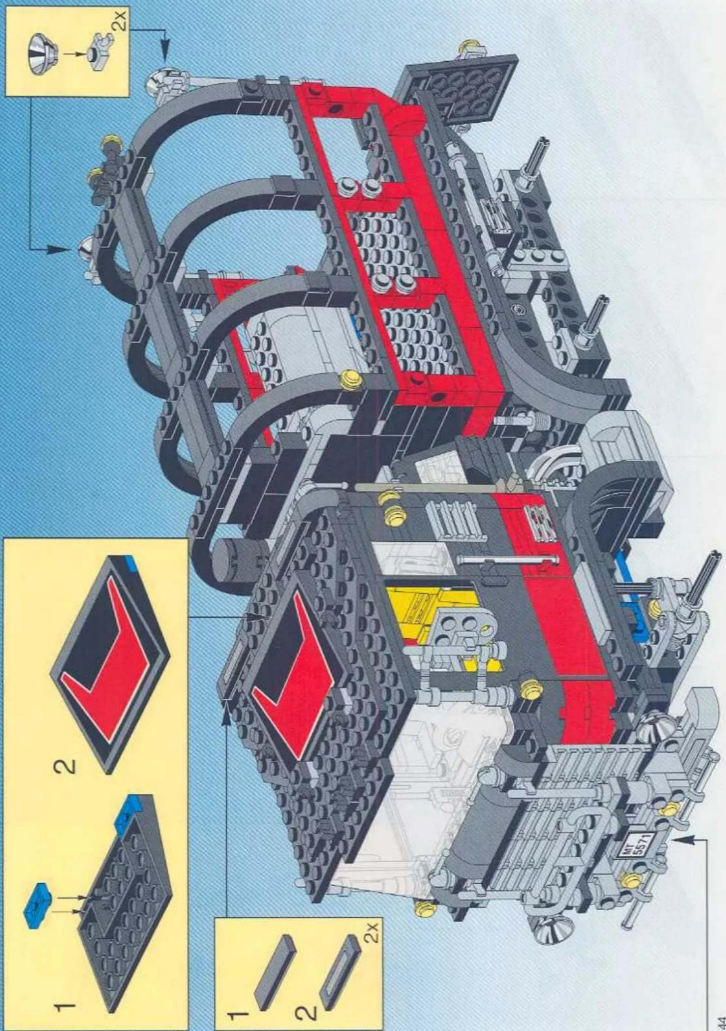Technical diagram of a LEGO car with labeled components and assembly steps, including 2x and 1x views.