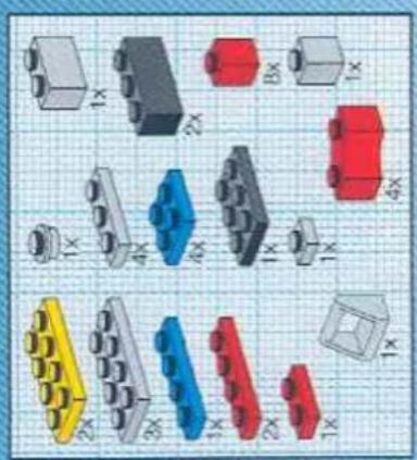Collection of 3D LEGO mechanical components on grid paper, no text or symbols visible