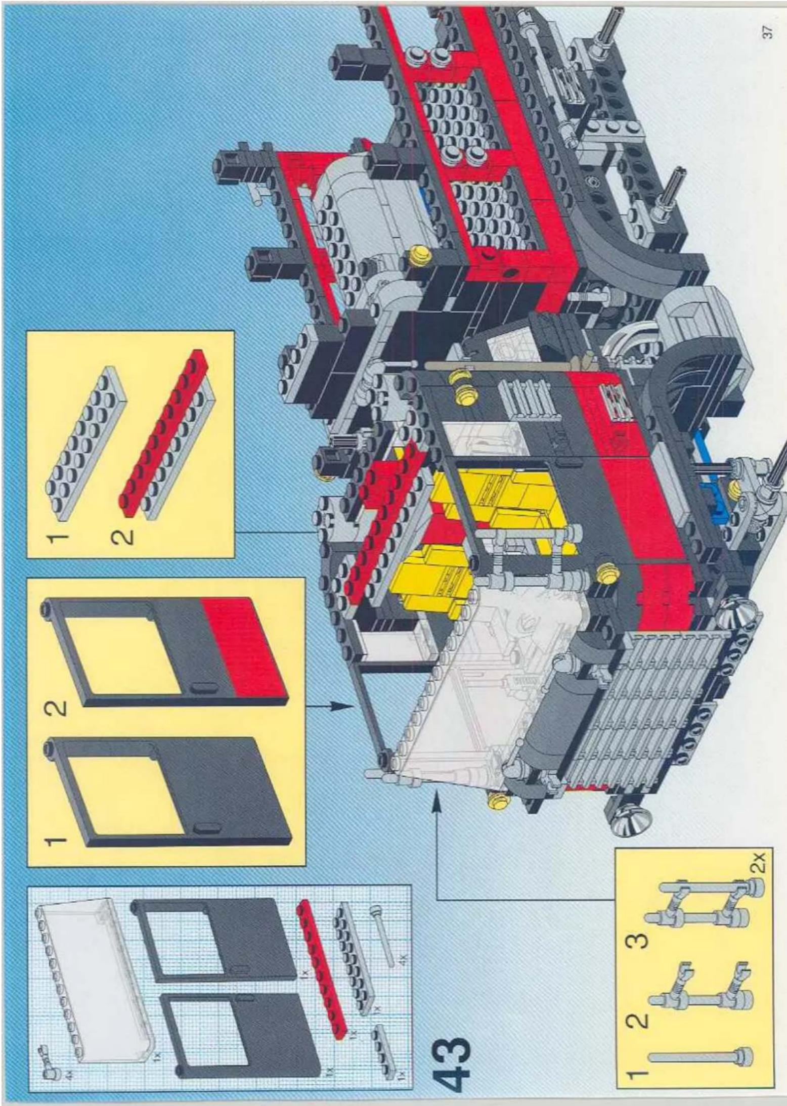 Technical diagram of a LEGO mechanical assembly with numbered components and exploded views, labeled 43.