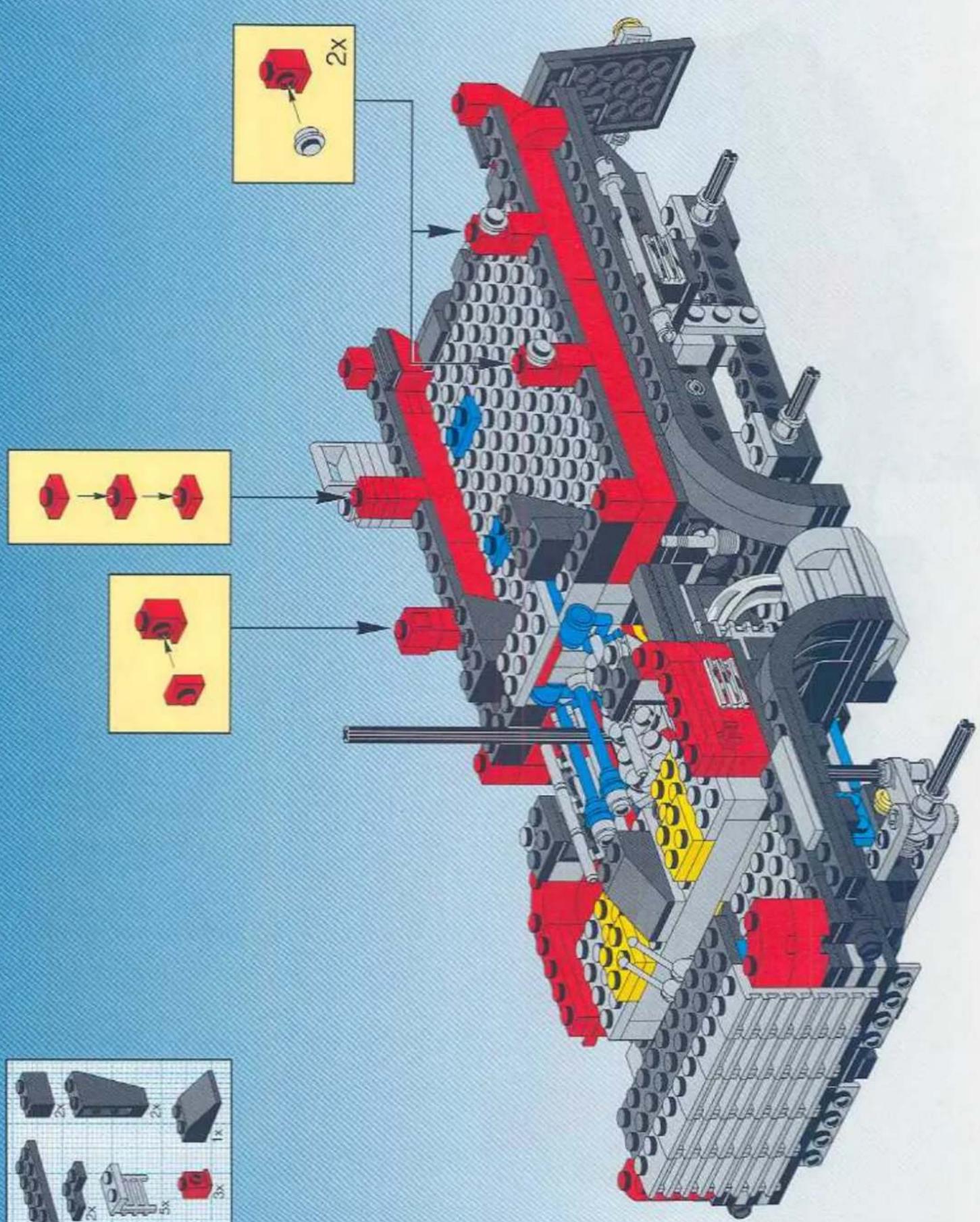 Technical diagram of a LEGO mechanical assembly with labeled components and 2x magnified views showing internal structure details.