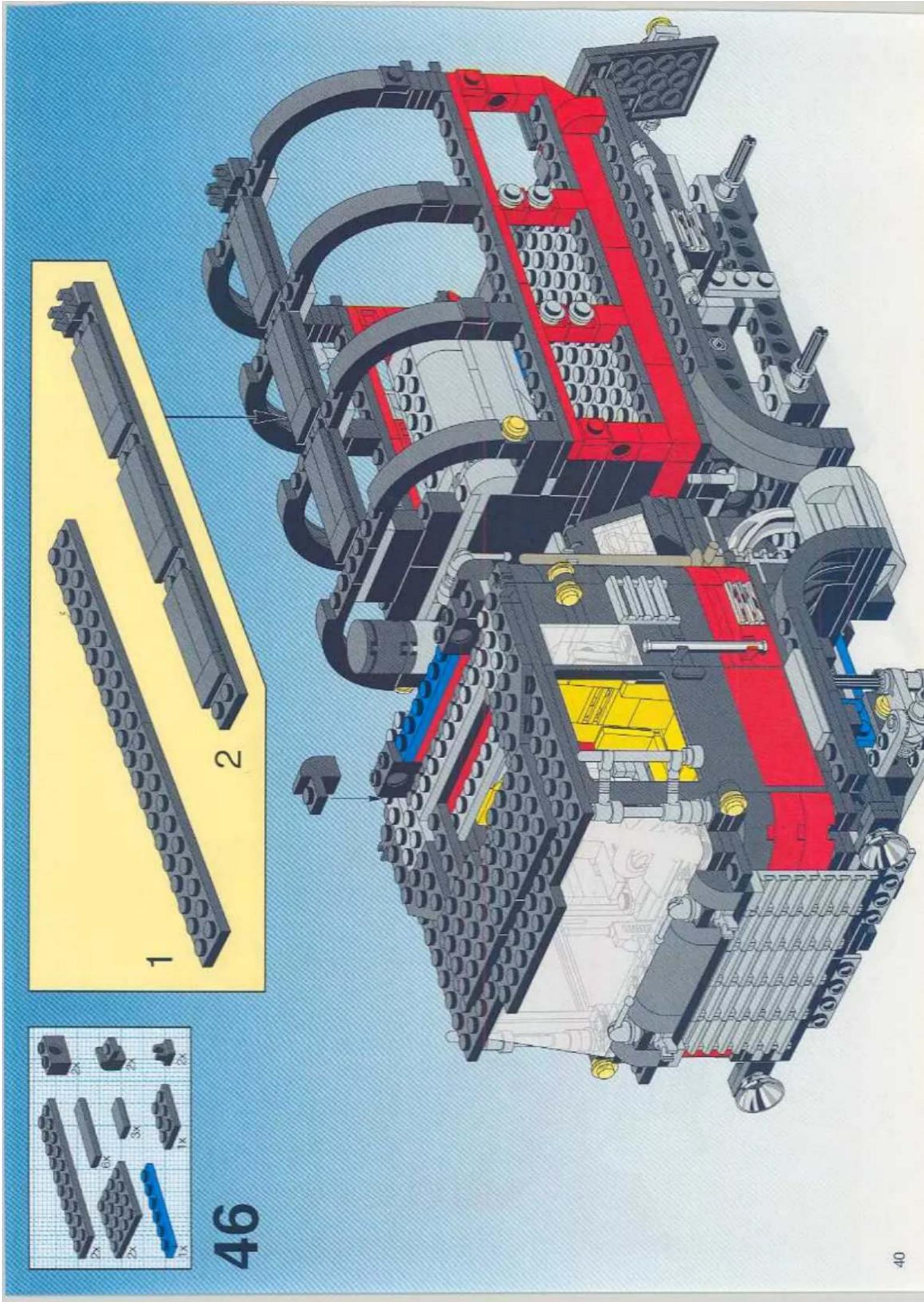 Lego assembly diagram of a multi-lane robotic vehicle with labeled components and exploded view (no text or symbols on the diagram itself)