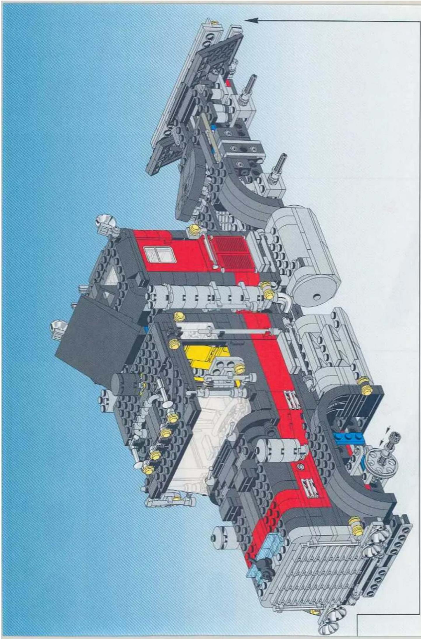 Technical illustration of a LEGO mechanical assembly with visible gears, springs, and structural components (no text or labels)