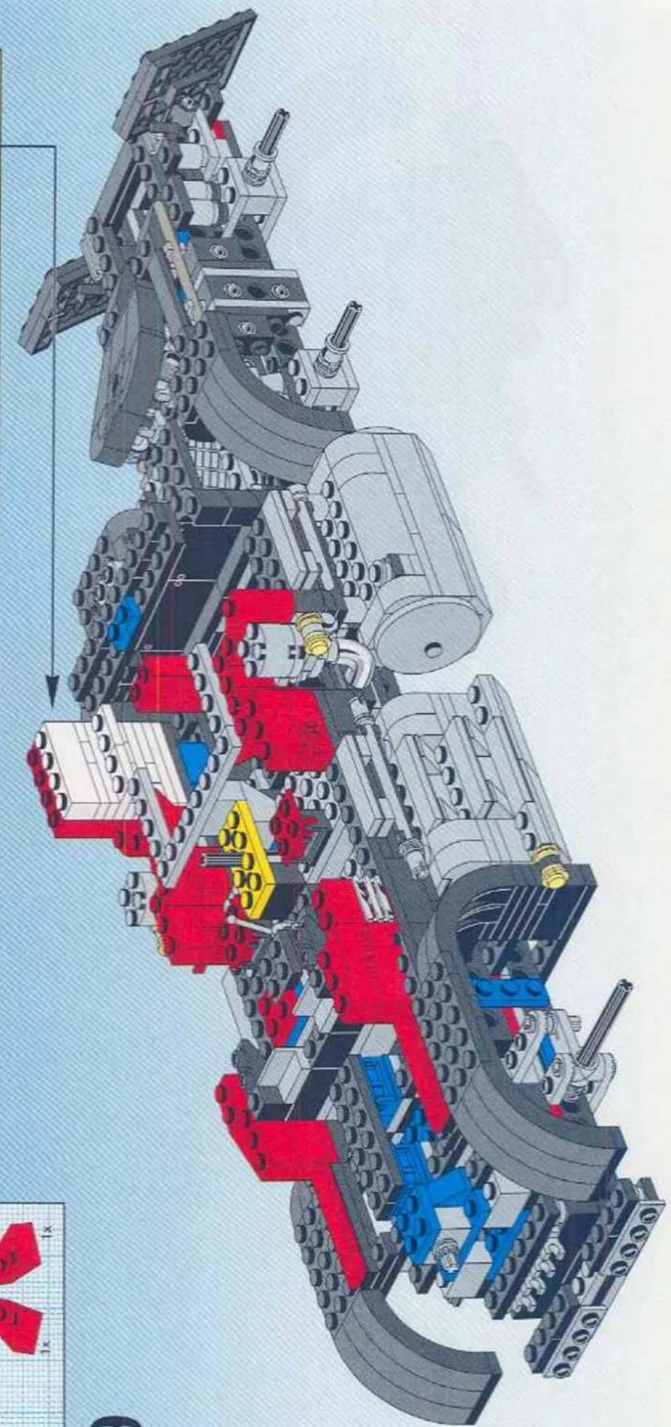 Exploded view diagram of a mechanical assembly with LEGO blocks and gears (no text or labels)